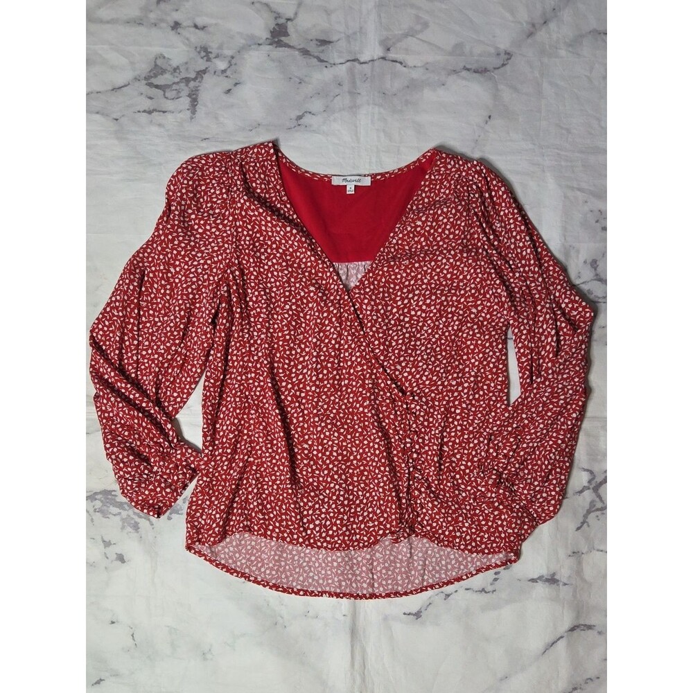 Madewell Kinston Side-Button Wrap Top In Red/White Park Picnic Print